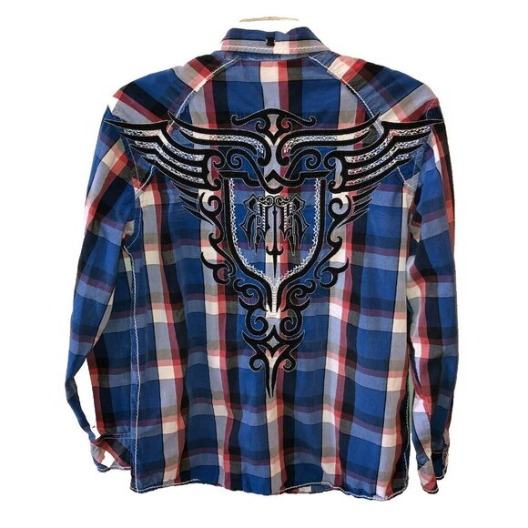 Roar Signature Mens Size XL Blue Plaid Ace Long Roll Tab Sleeve Button Up Shirt - Picture 2 of 13